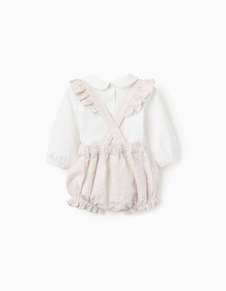 Bodysuit + jumpsuit with Vichy pattern for newborn girls, white/beige