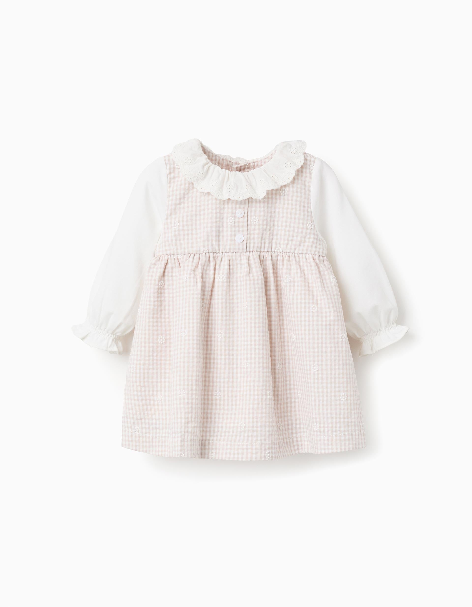 Vestido de algodón con Vichy para recién nacida, blanco/beige