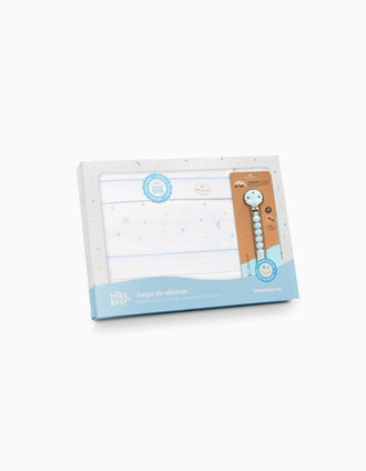 Set de Literie 3 Pcs en Coton Interbaby 'Stars' 60x120 cm, Bleu