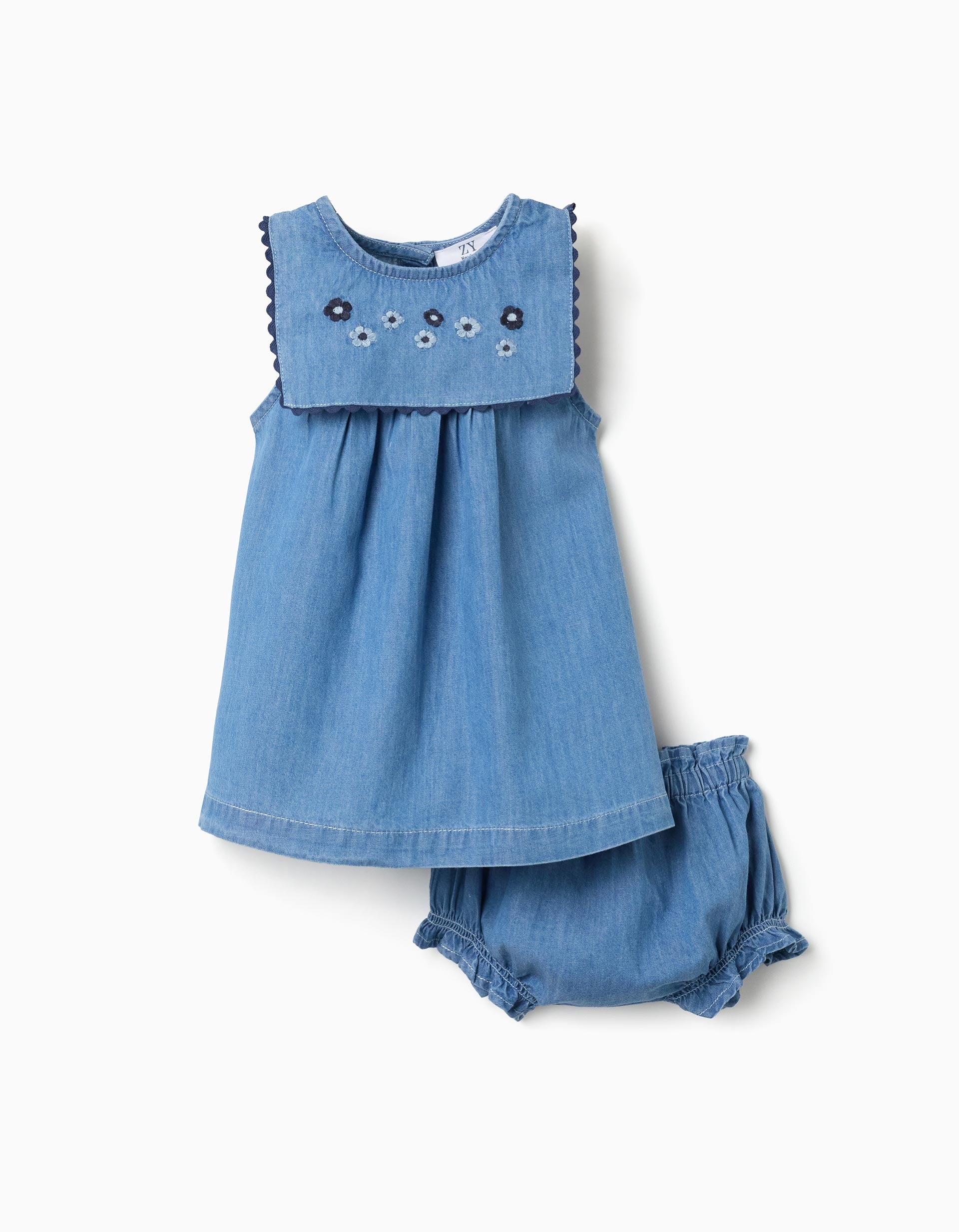 Denim dress + bloomers with ruffles for newborn girls, blue