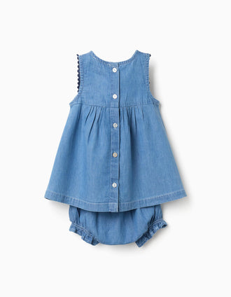 Vestido de ganga + tapa-fraldas com folhos para recém-nascida, azul