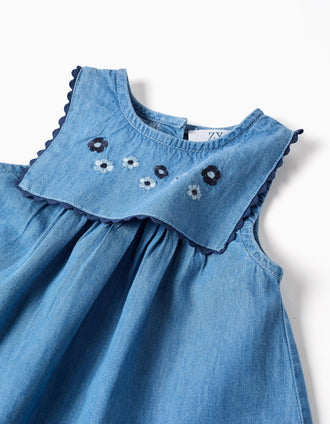 Vestido de ganga + tapa-fraldas com folhos para recém-nascida, azul
