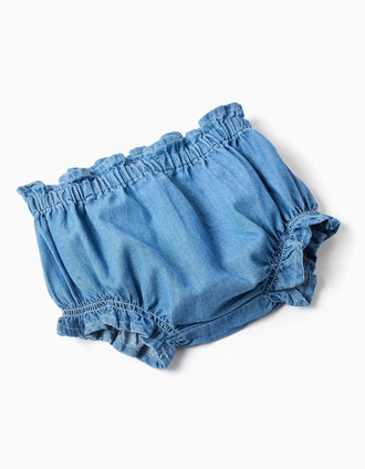 Vestido de ganga + tapa-fraldas com folhos para recém-nascida, azul