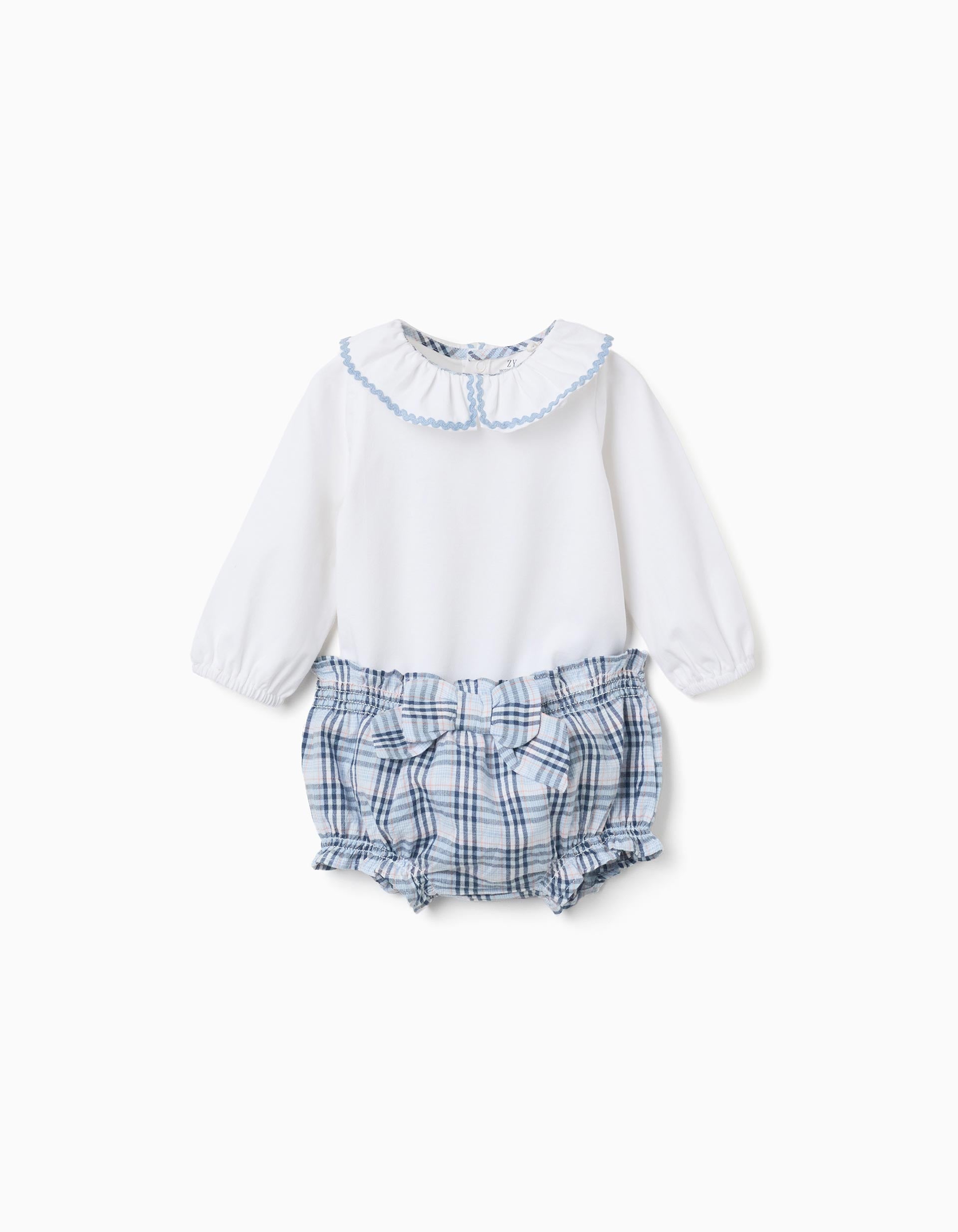 Body en coton + bloomer à carreaux B&S pour nouveau-née, blanc/bleu
