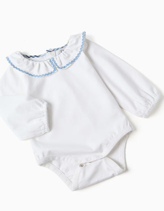 Cotton bodysuit + checked bloomers B&S for newborn girls, white/blue