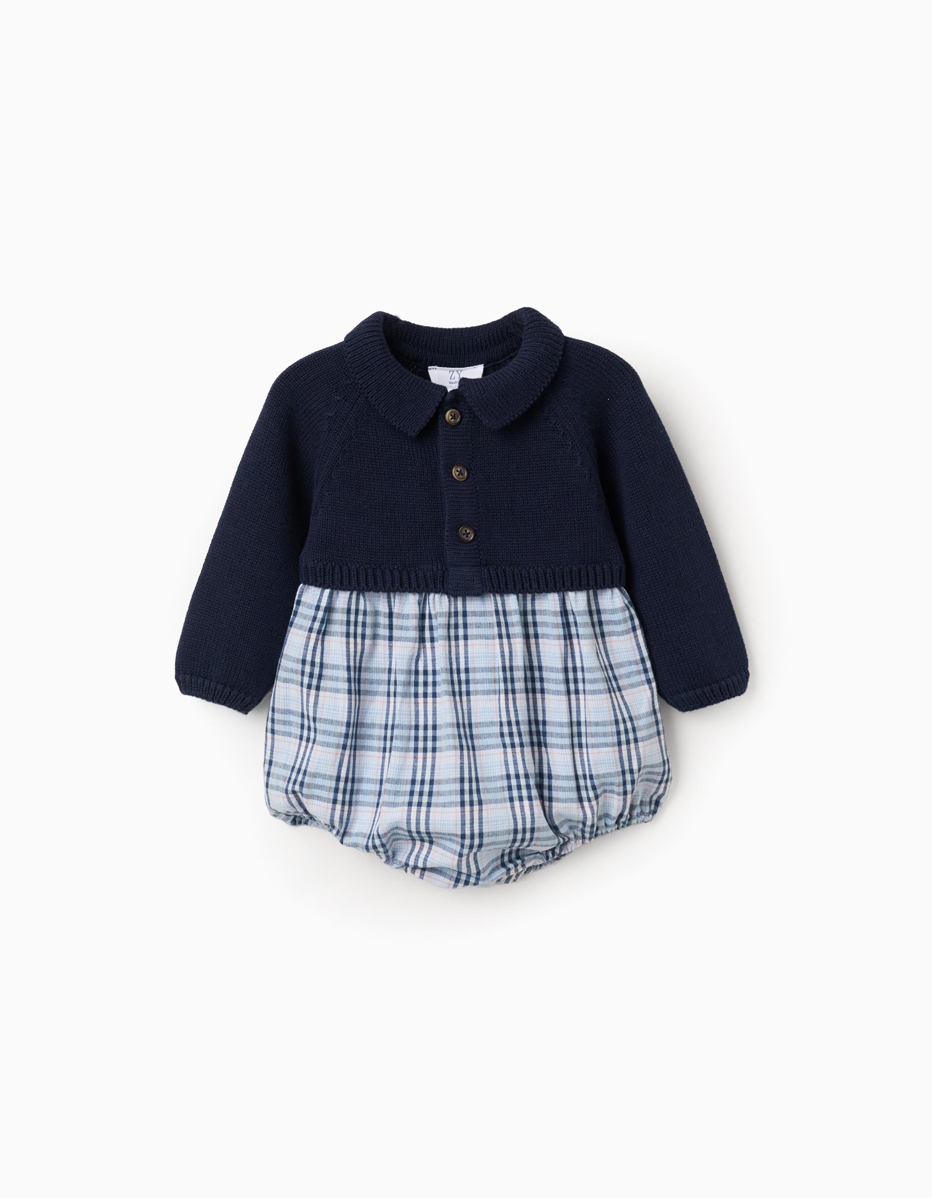Combinaison bi-matière en coton et à carreaux B&S pour nouveau-né, bleu