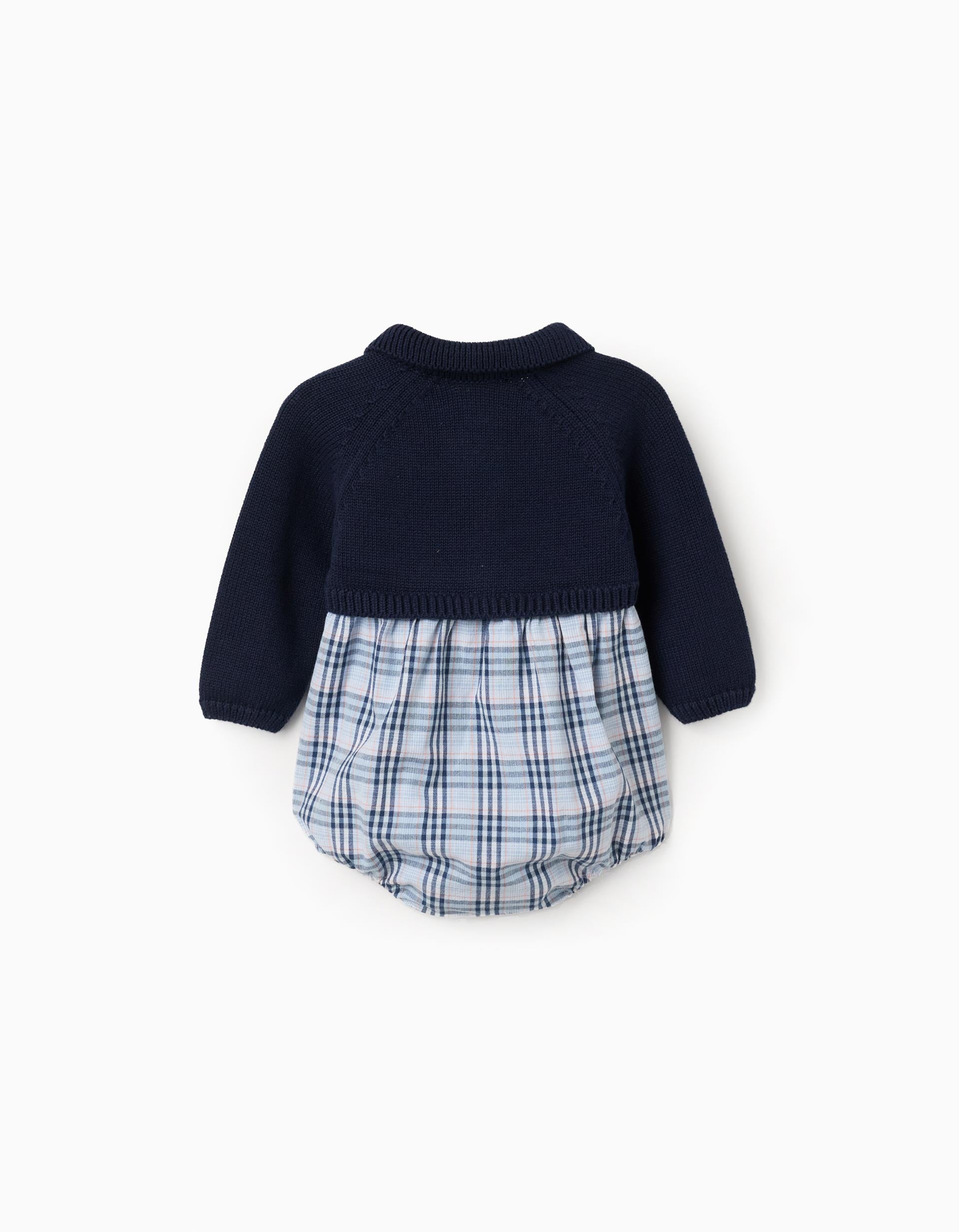 Combinaison bi-matière en coton et à carreaux B&S pour nouveau-né, bleu