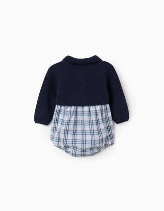 Dual-fabric checked jumpsuit in cotton B&S for newborn boys, blue
