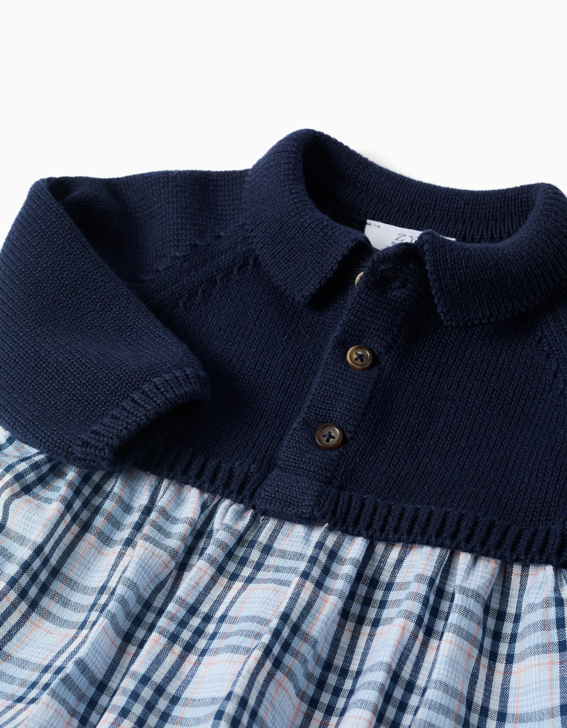 Combinaison bi-matière en coton et à carreaux B&S pour nouveau-né, bleu