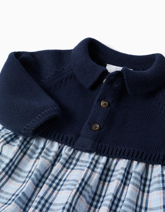 Dual-fabric checked jumpsuit in cotton B&S for newborn boys, blue