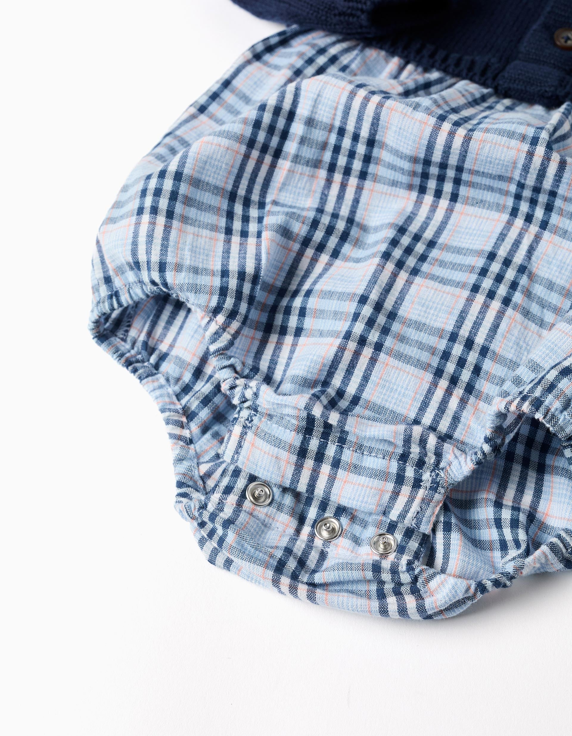 Combinaison bi-matière en coton et à carreaux B&S pour nouveau-né, bleu