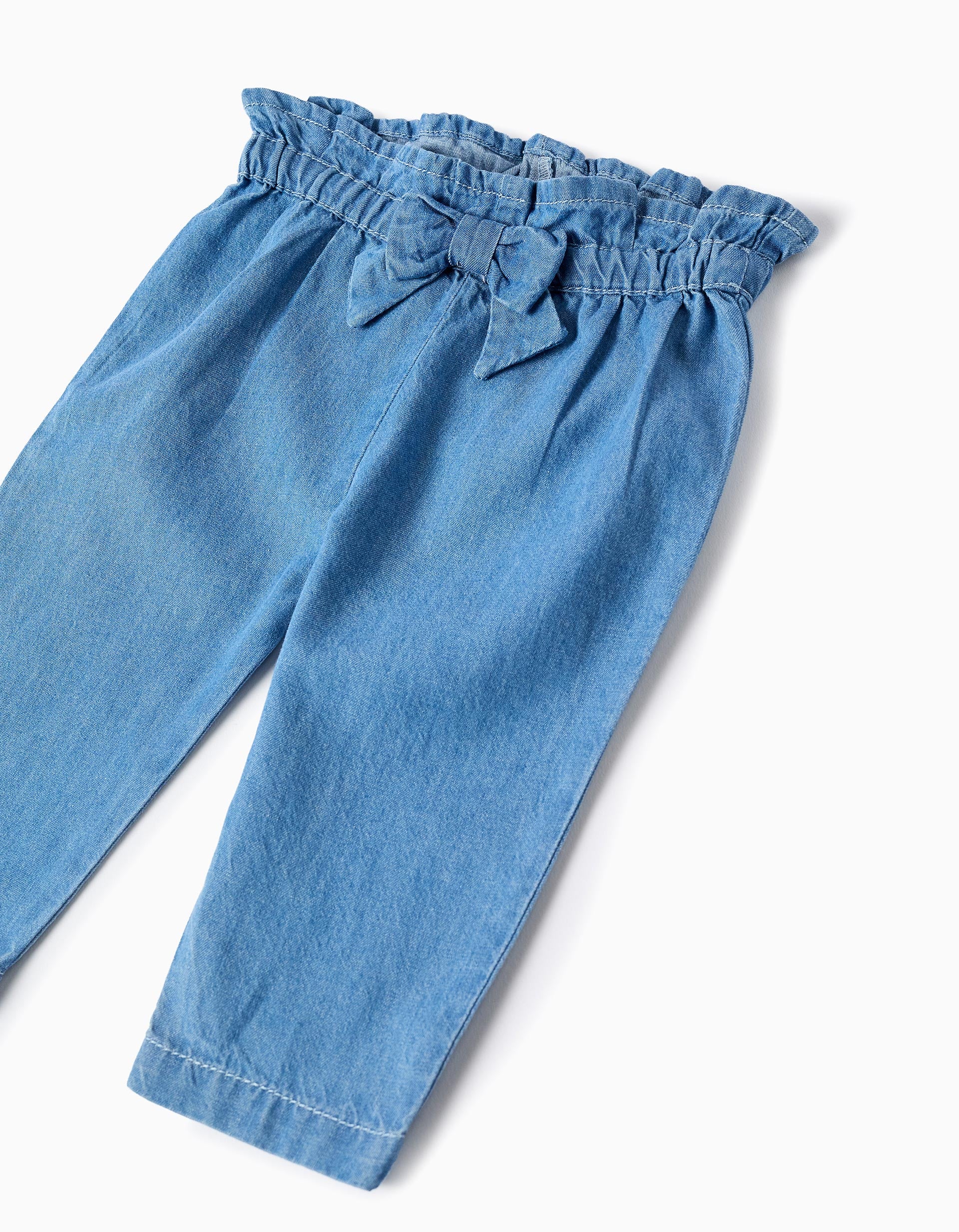 Denim paperbag trousers with decorative bow for newborn girls, blue