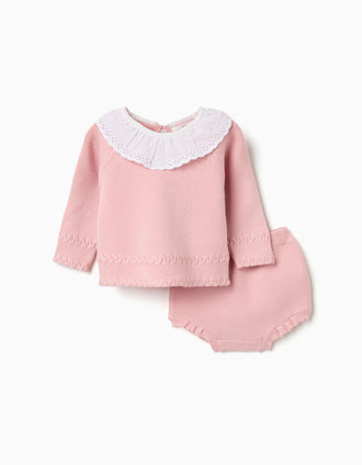 Cotton knit jumper and shorts set for newborn girls, light pink