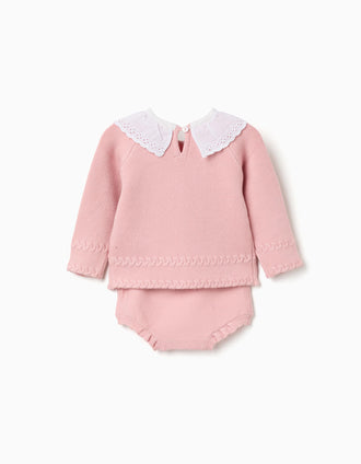 Cotton knit jumper and shorts set for newborn girls, light pink