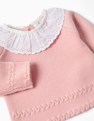 Cotton knit jumper and shorts set for newborn girls, light pink