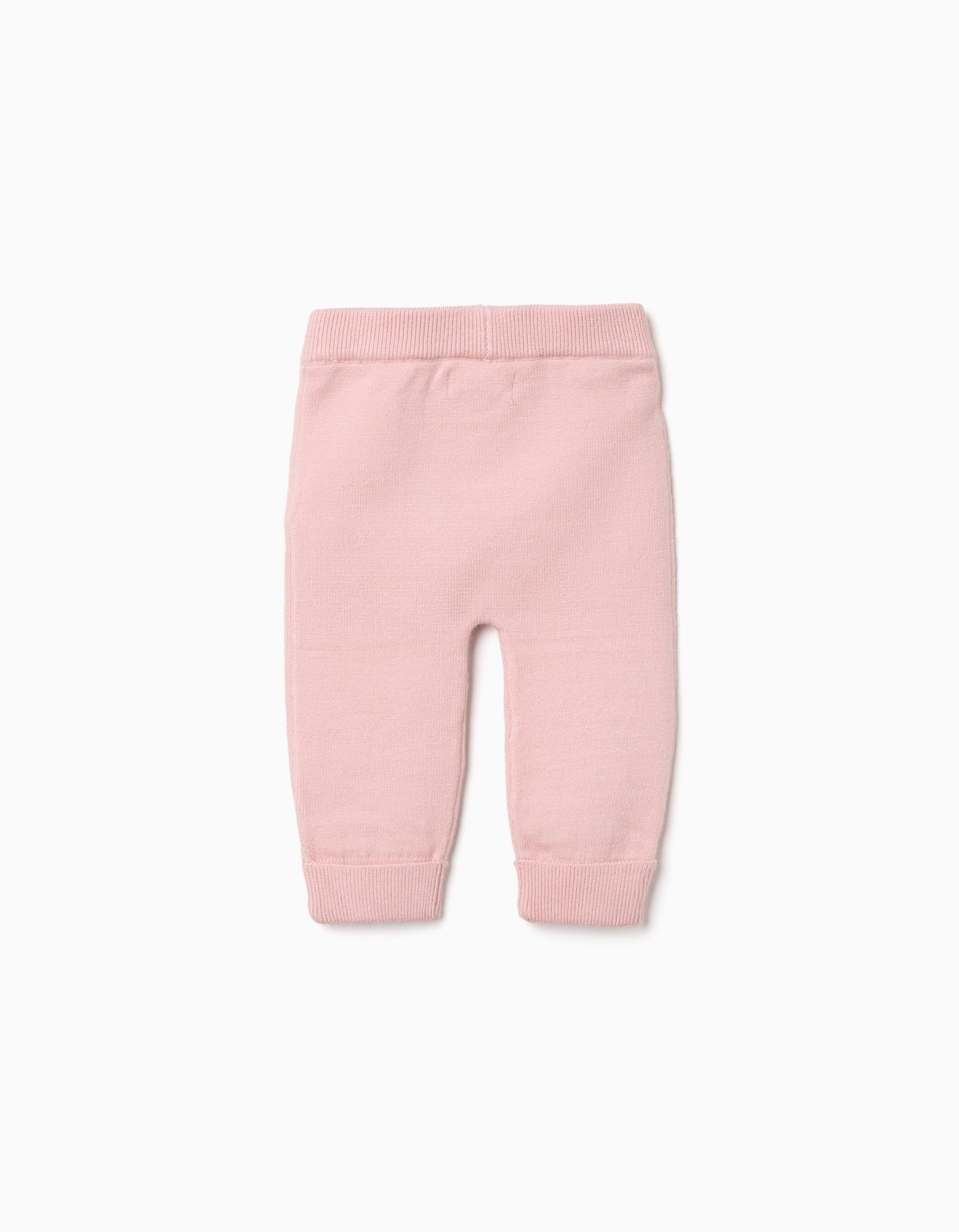 Cotton knit trousers with elastic waist for newborn girls, light pink