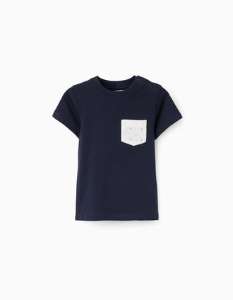 Cotton T-shirt with printed chest pocket for baby boys, dark blue