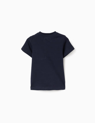 Cotton T-shirt with printed chest pocket for baby boys, dark blue