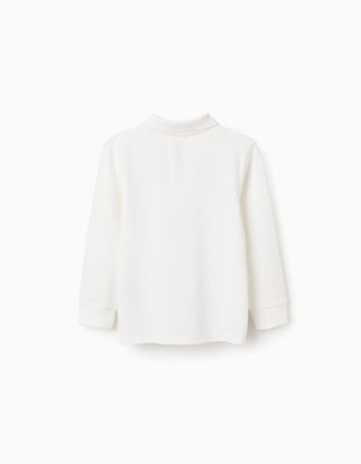 Long sleeve cotton piqué polo shirt for boys, white