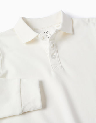 Long sleeve cotton piqué polo shirt for boys, white