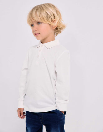Long sleeve cotton piqué polo shirt for boys, white