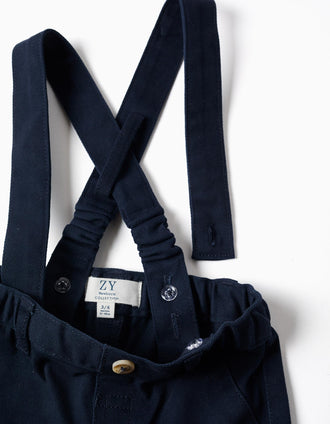 Twill trousers with braces for newborn boys, dark blue