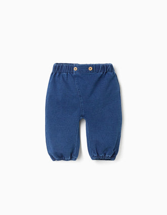 Cotton denim trousers with decorative buttons for newborns, blue
