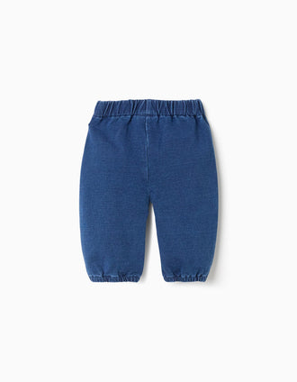Cotton denim trousers with decorative buttons for newborns, blue