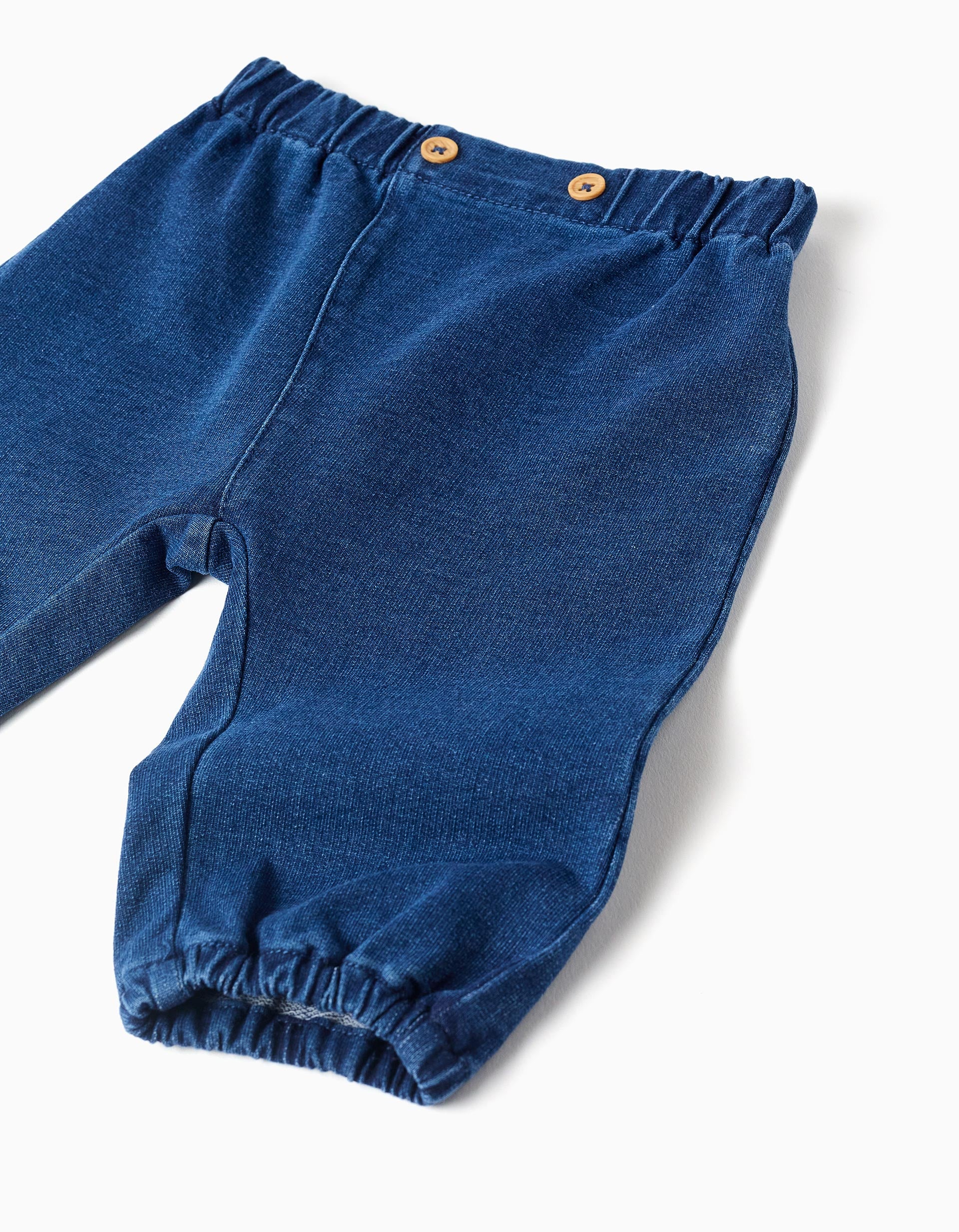 Cotton denim trousers with decorative buttons for newborns, blue