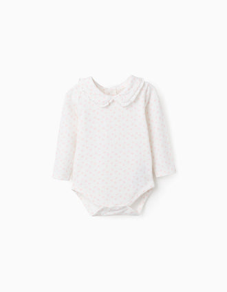 Long sleeve bodysuit with floral motif for newborn girls, white/pink