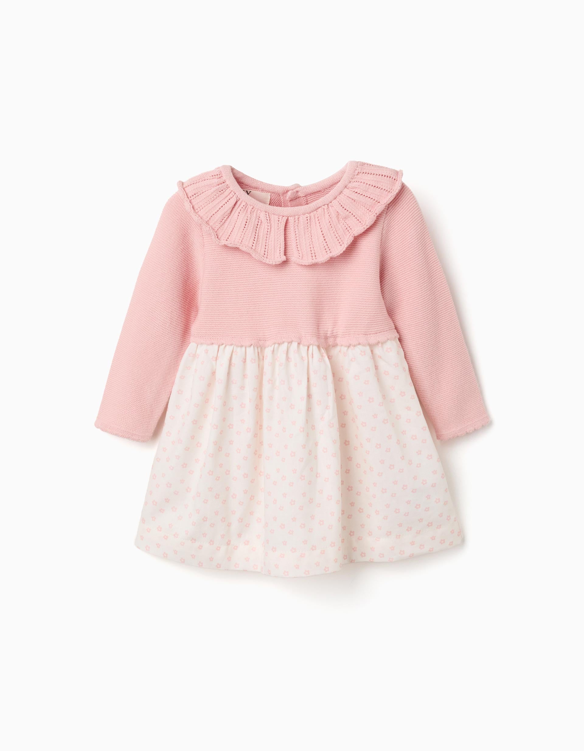 Dual-fabric dress with floral motif for newborn girls, pink/white