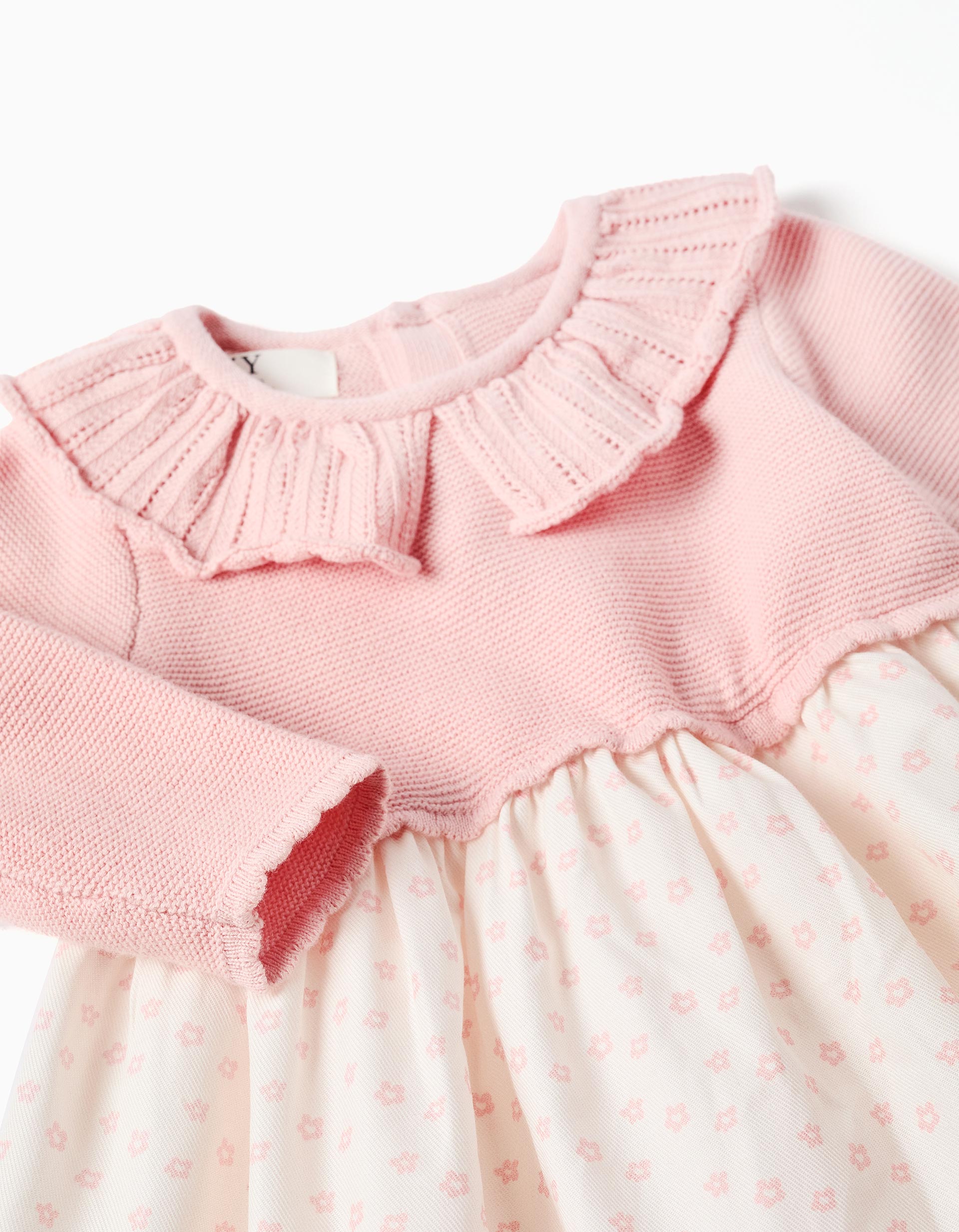 Dual-fabric dress with floral motif for newborn girls, pink/white