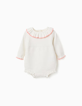 Knitted jumpsuit with ruffled ends for newborn girls, white/pink