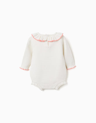 Knitted jumpsuit with ruffled ends for newborn girls, white/pink