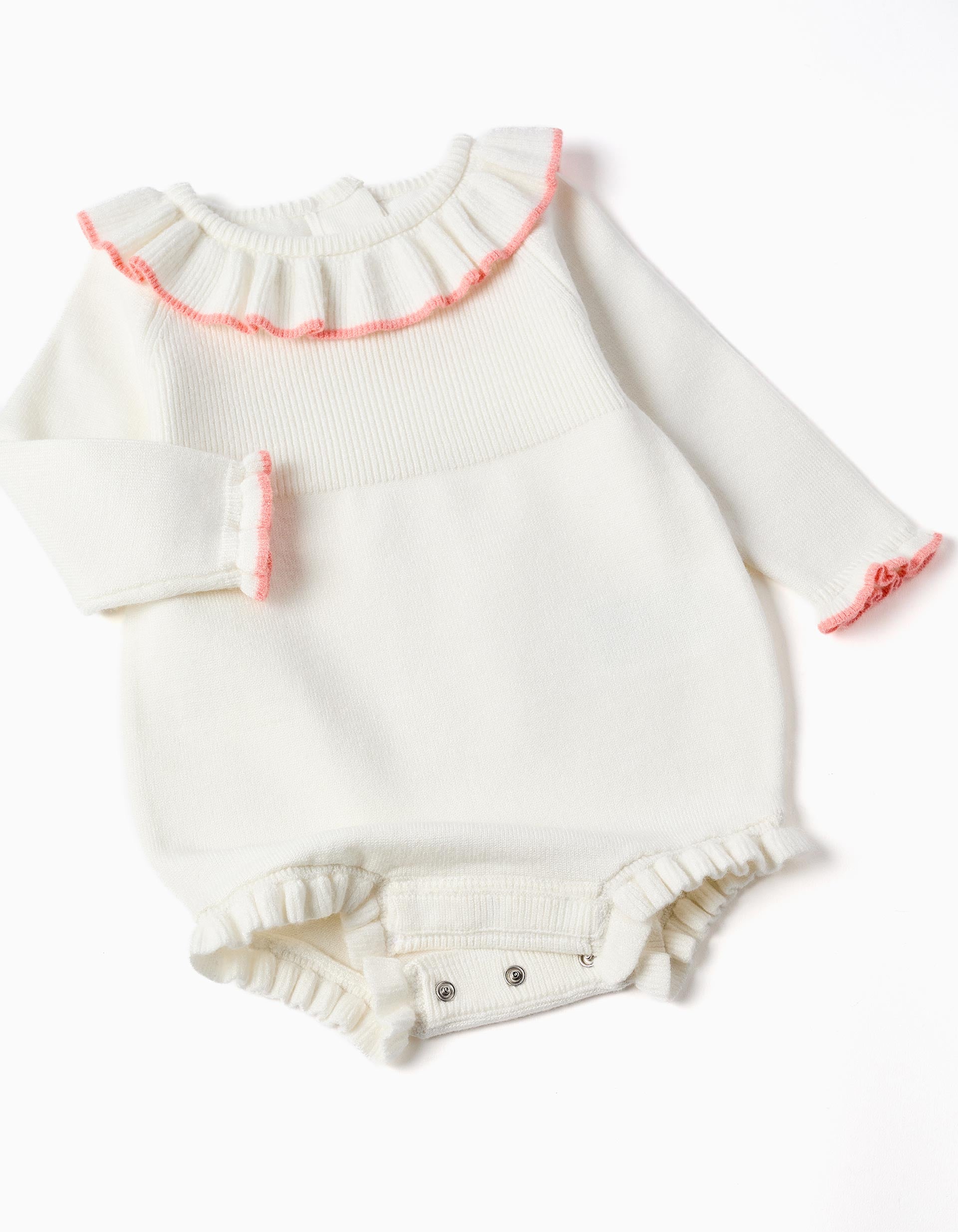 Combinaison en maille à bords volantés pour nouveau-née, blanc/rose