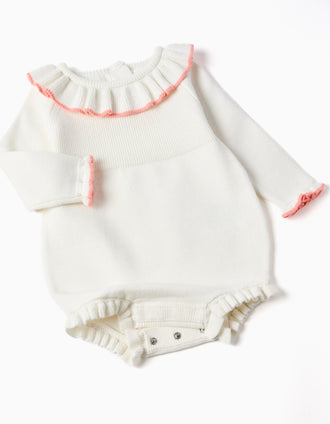 Knitted jumpsuit with ruffled ends for newborn girls, white/pink