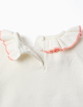 Knitted jumpsuit with ruffled ends for newborn girls, white/pink