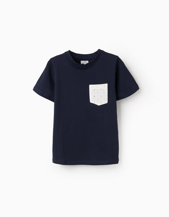 Cotton T-shirt with printed chest pocket for boys, dark blue