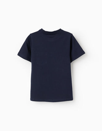 Cotton T-shirt with printed chest pocket for boys, dark blue