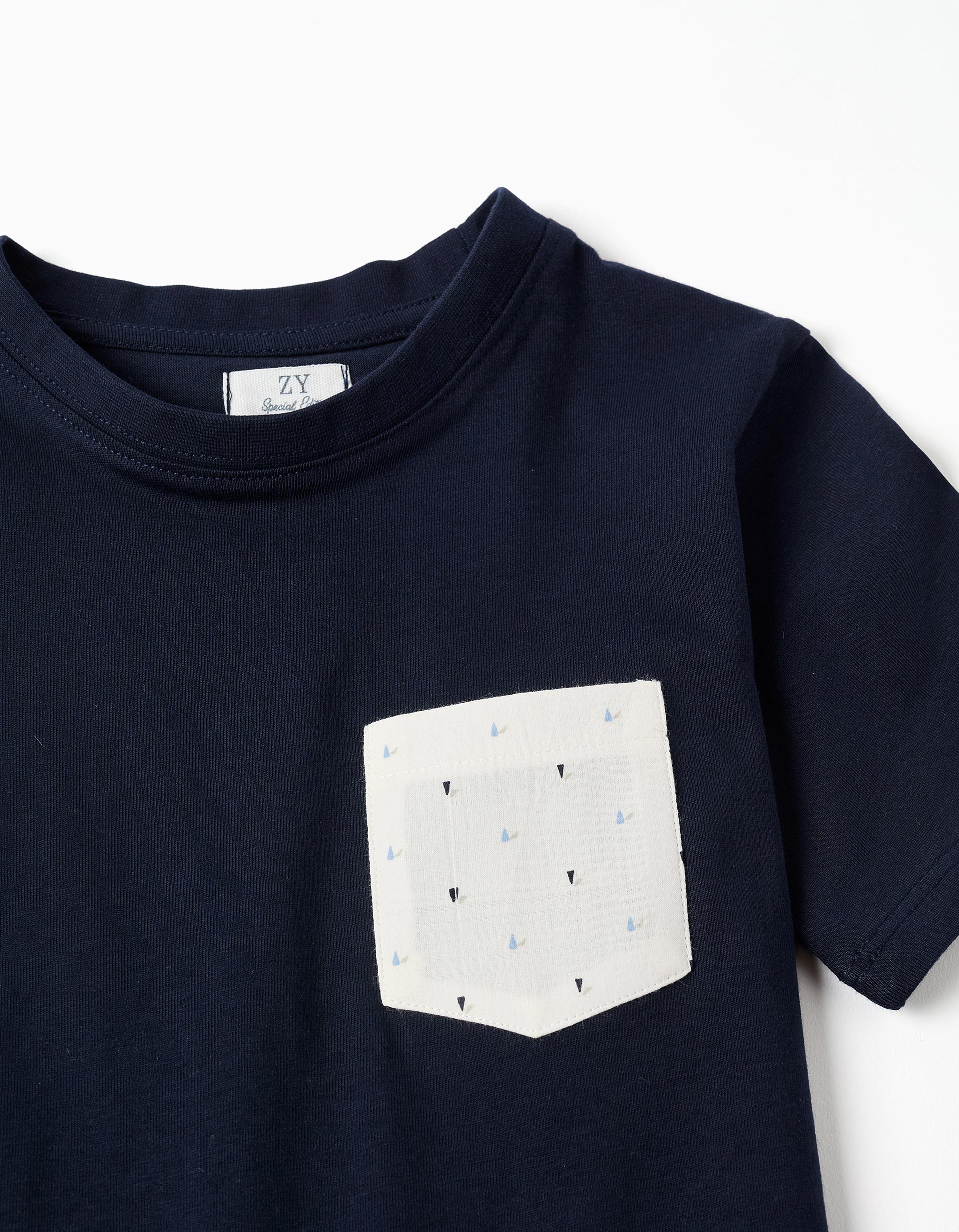 T-shirt en coton avec poche poitrine pour garçon, bleu foncé