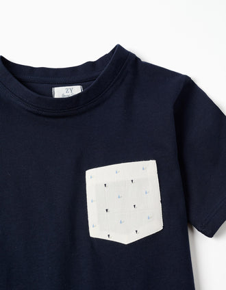 Cotton T-shirt with printed chest pocket for boys, dark blue