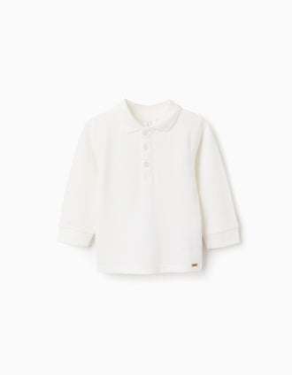 Polo de manga larga de piqué de algodón para bebé niño, blanco