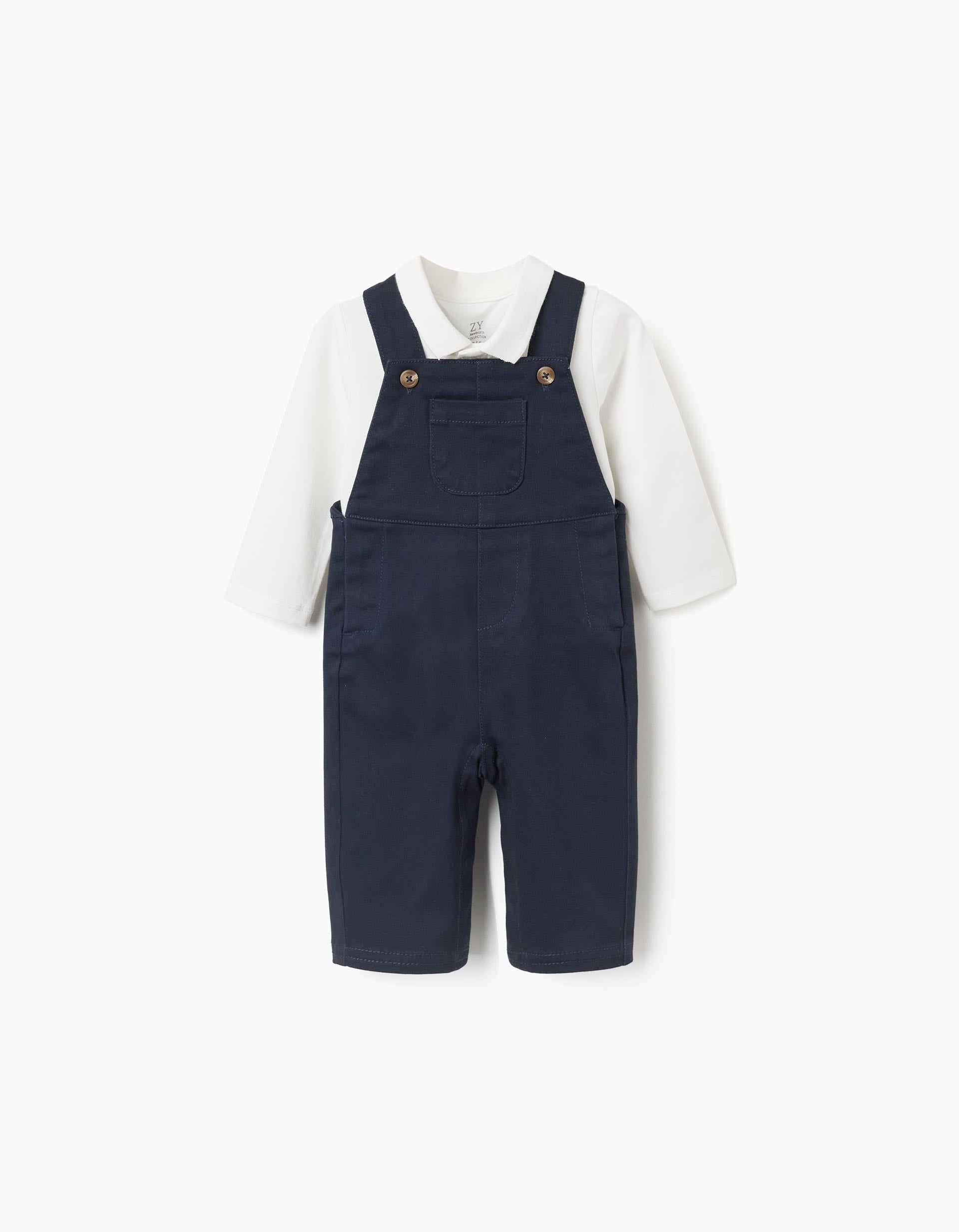 Body + salopette en sergé pour nouveau-né, blanc/bleu foncé
