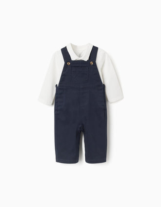 Bodysuit + twill dungarees for newborn boys, white/dark blue