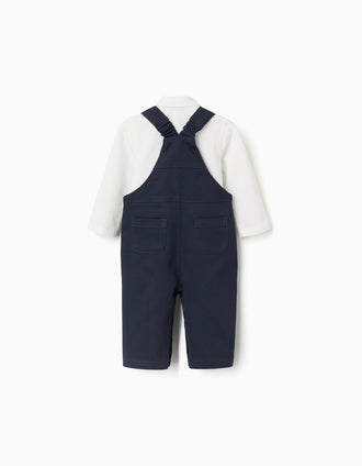 Bodysuit + twill dungarees for newborn boys, white/dark blue