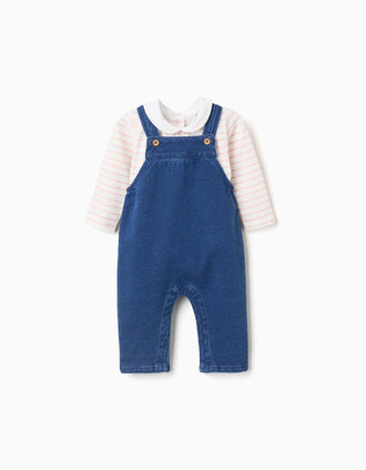 Striped bodysuit + jumpsuit for newborn girls, white/pink/blue