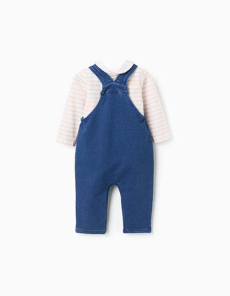 Striped bodysuit + jumpsuit for newborn girls, white/pink/blue