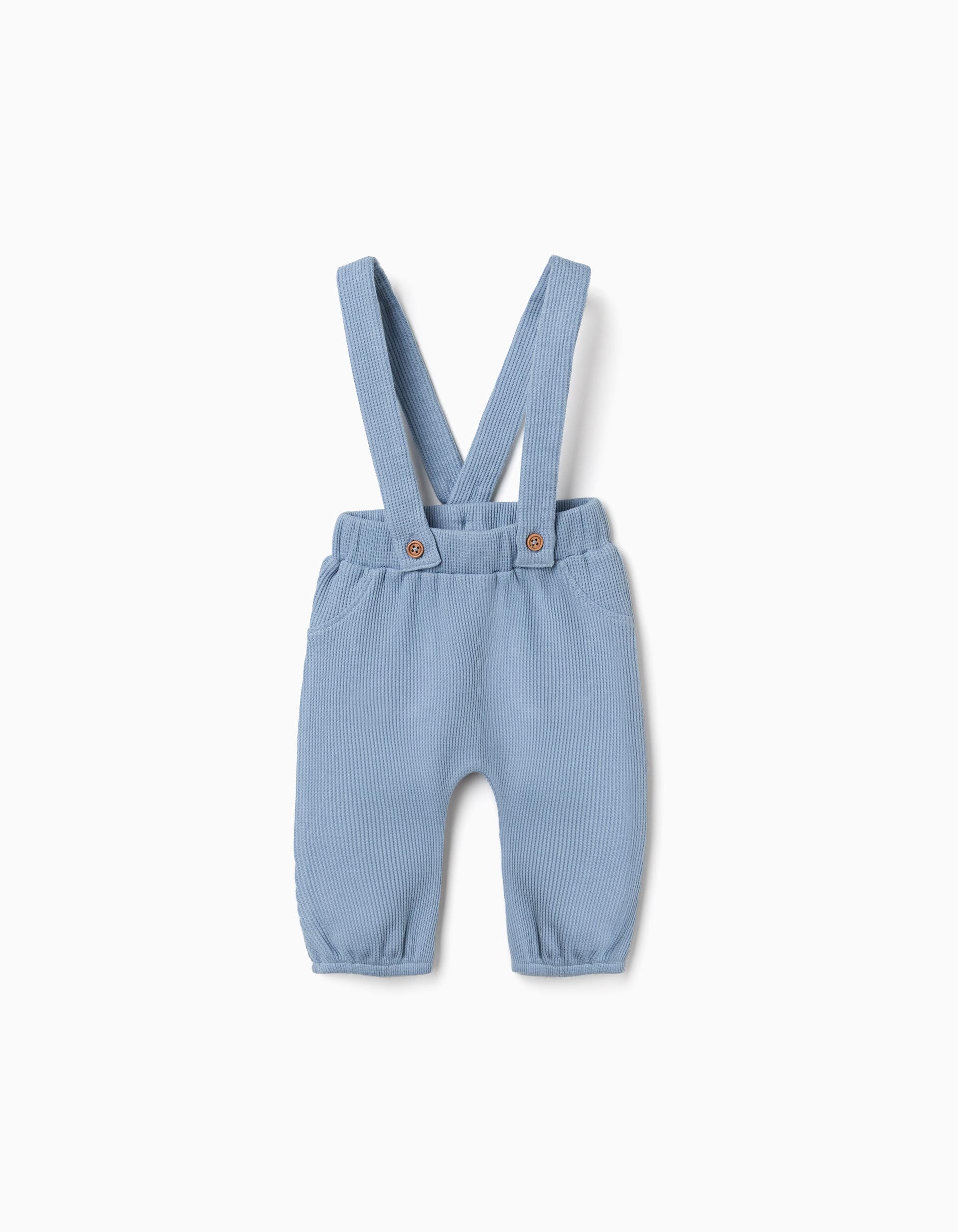 Waffle‑textured cotton trousers with straps for newborn boys, blue