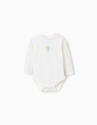 Long sleeve bodysuit with hot air balloon print for newborn boys, white