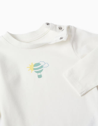 Long sleeve bodysuit with hot air balloon print for newborn boys, white